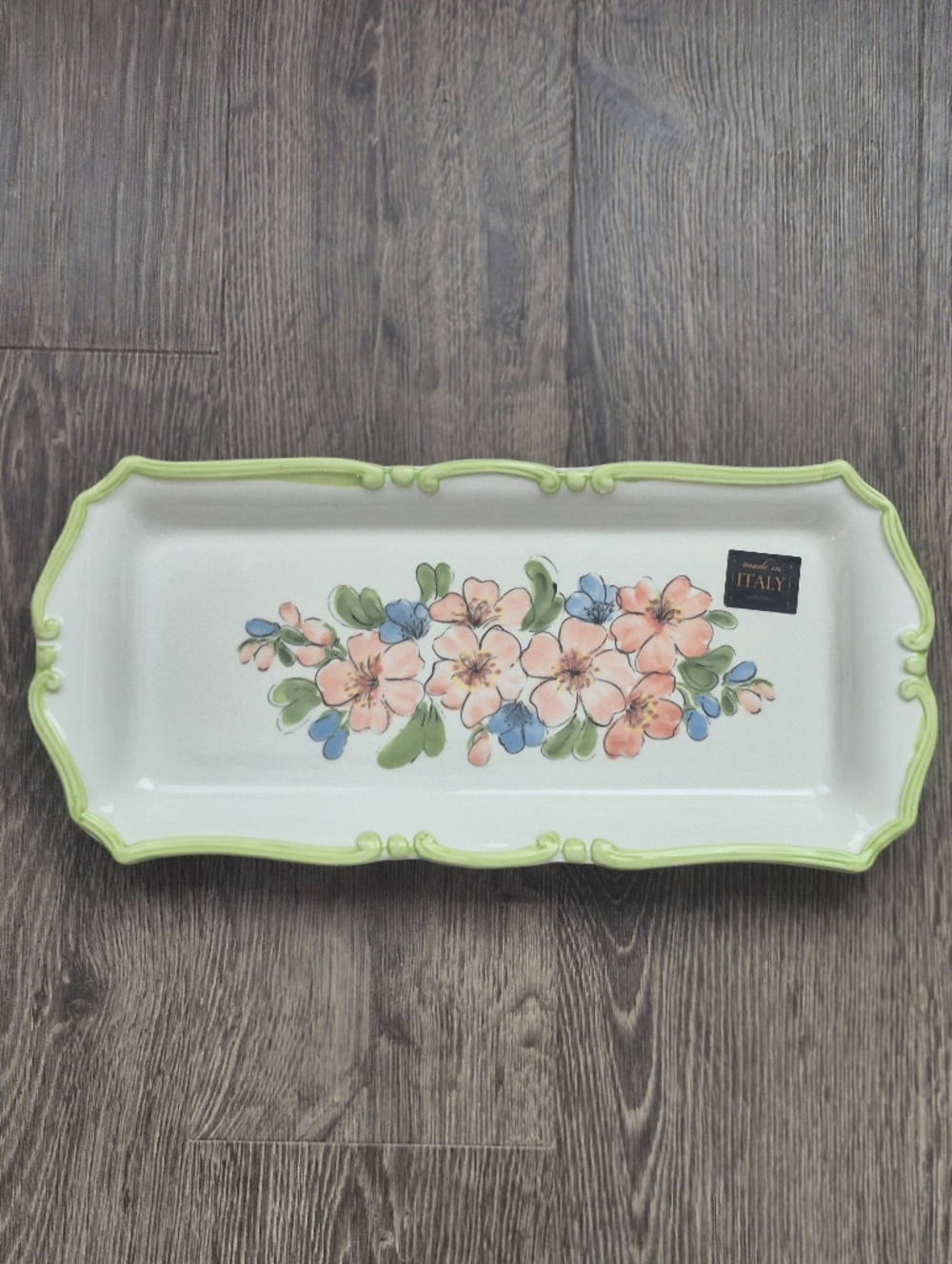Ceramica Cuore White Platter with Green Rim and Pink Blue Floral Design